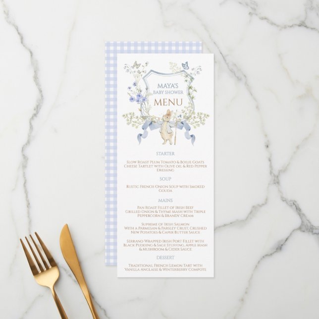 Blue Gingham Peter the Rabbit Baby Shower MUTED BL Menu (Front/Back In Situ)