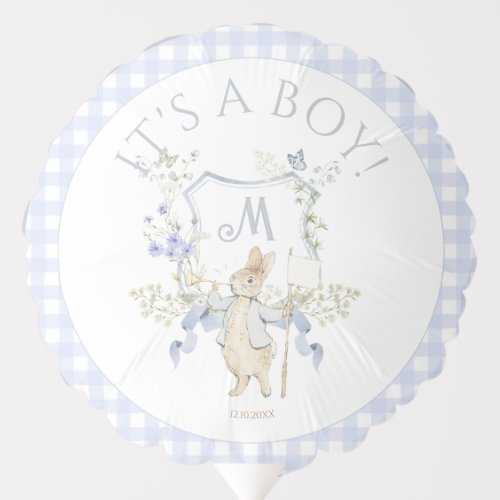 Blue Gingham Peter the Rabbit Monogram Baby Shower Balloon