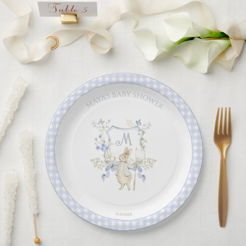 Blue Gingham Peter the Rabbit Monogram Baby Shower Paper Plates