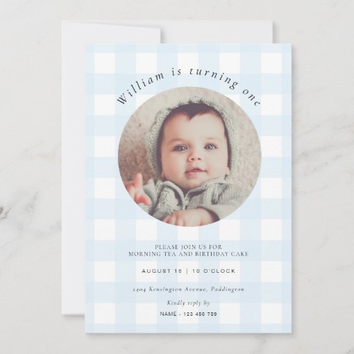 Blue Gingham Photo Birthday Invitation Zazzle
