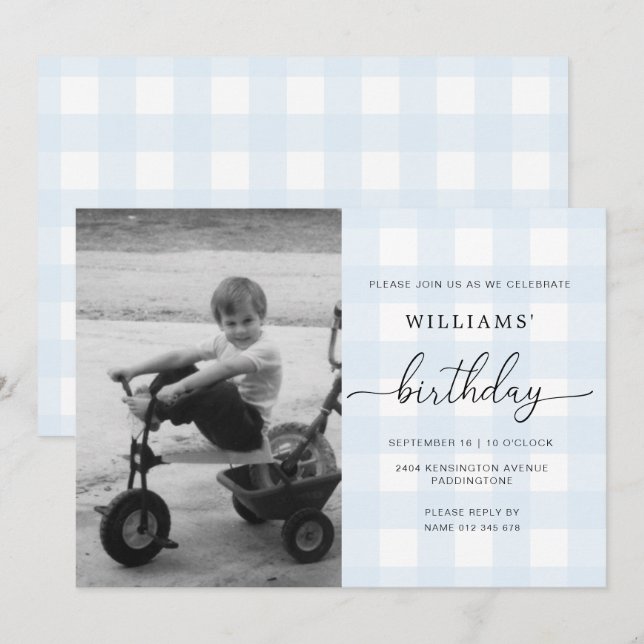 Blue Gingham Photo Birthday Invitation (Front/Back)