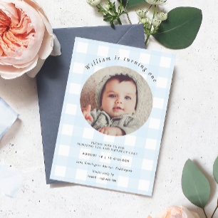 Blue Gingham Photo Birthday Invitation