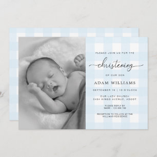 Blue Gingham Photo Christening Invitation