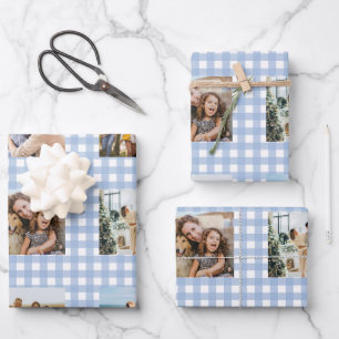 Blue Gingham Photo Collage Wrapping Paper Sheets
