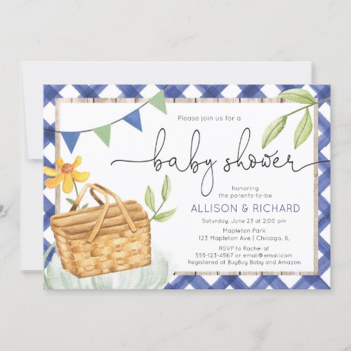 Blue gingham picnic baby shower Picnic in the park Invitation