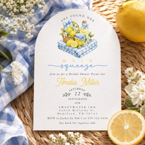 Blue Gingham Picnic Basket Lemon Bridal Shower Invitation