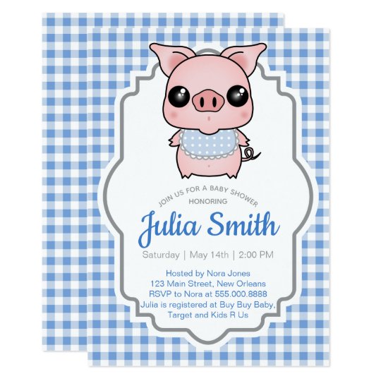 Blue Gingham Piggy Baby Shower Invitation | Zazzle.com