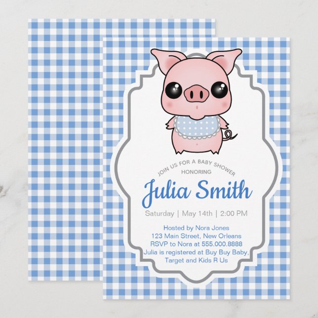 Blue Gingham Piggy Baby Shower Invitation (Front/Back)