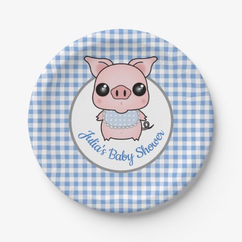 Blue Gingham Piggy Baby Shower Paper Plates
