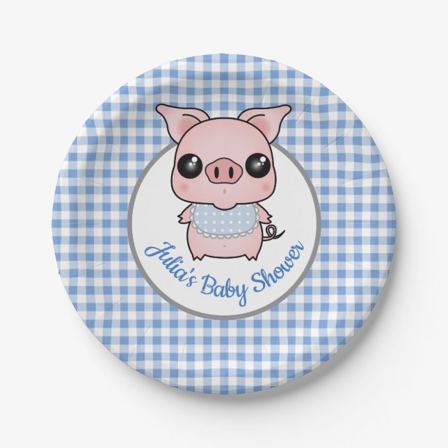 Blue Gingham Piggy Baby Shower Paper Plates (Front)
