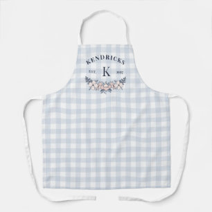 Blue Gingham Pink Floral Family Monogram Apron