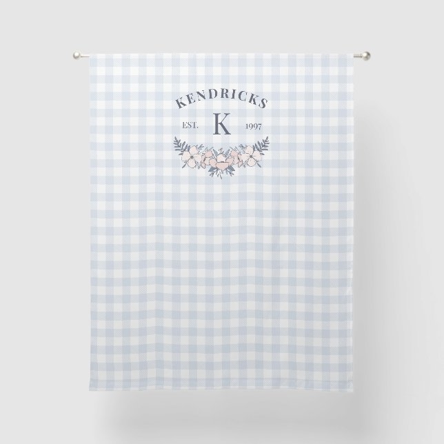 Blue Gingham Pink Floral Family Monogram Sheer Curtains (Front)