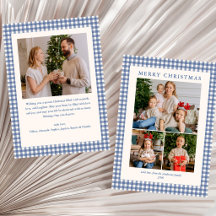Blue Gingham Plaid 4 Photo Merry Christmas