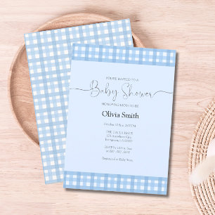 Blue Gingham Plaid Baby Shower Invitation