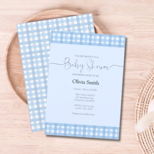 Blue Gingham Plaid Baby Shower Invitation