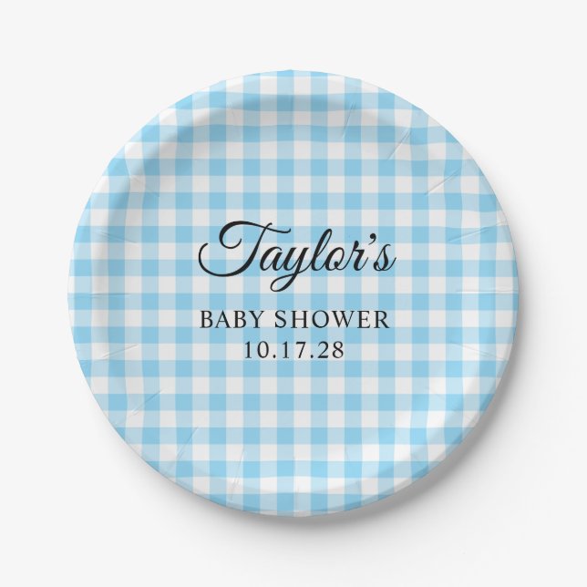 Blue Gingham Plaid Baby Shower Paper Plates (Front)