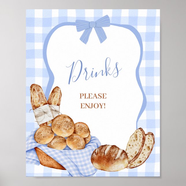 Blue Gingham Plaid Bun Drinks Party Sign (Front)