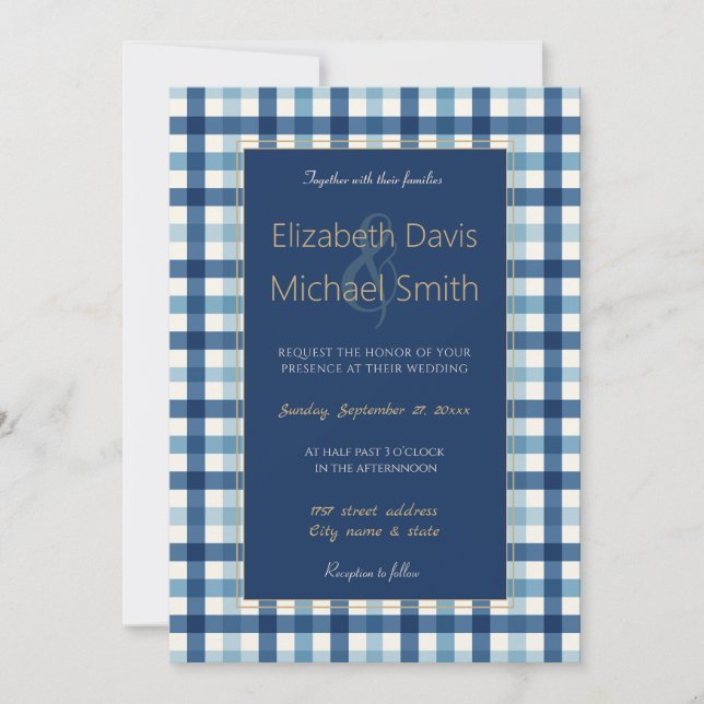 Blue Gingham Plaid Checkered Pattern Invitation (Front)