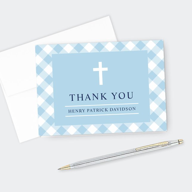Blue Gingham Plaid First Communion Boy Thank You Card (Creator Uploaded)