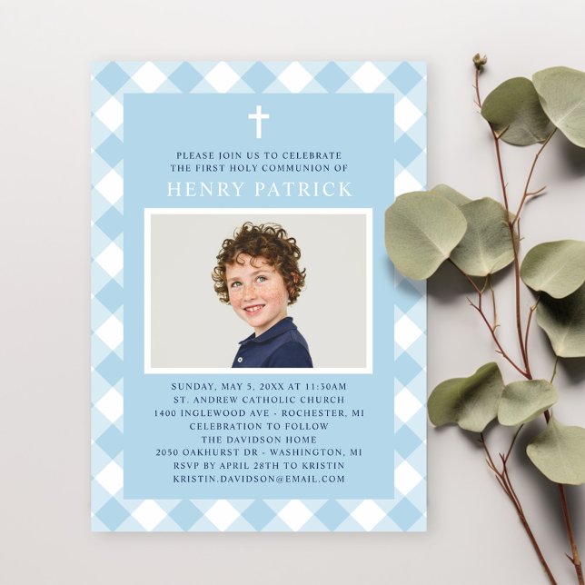 Blue Gingham Plaid First Communion for Boy Photo Invitation (Creator Uploaded)
