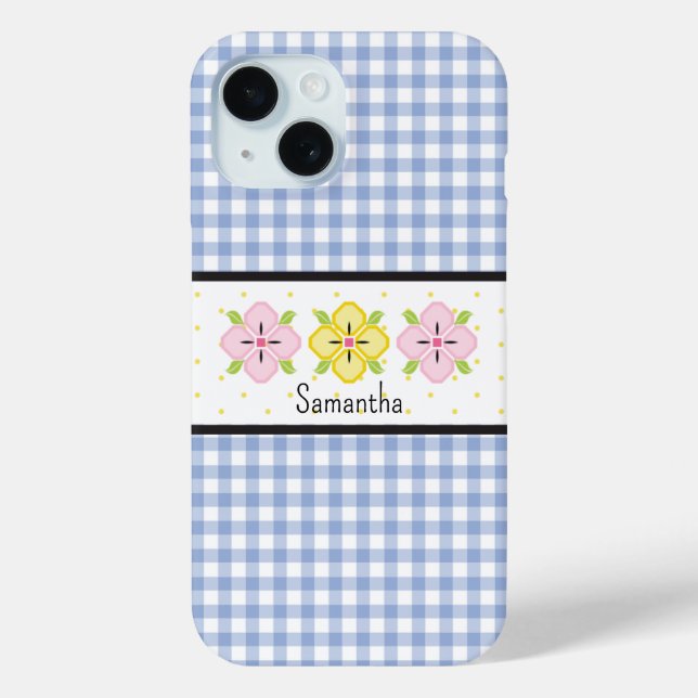 Blue Gingham Plaid Floral Monogram Case-Mate iPhone Case (Back)