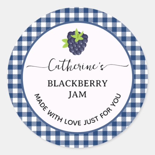 Blue gingham plaid Homemade blackberry jam Classic Round Sticker