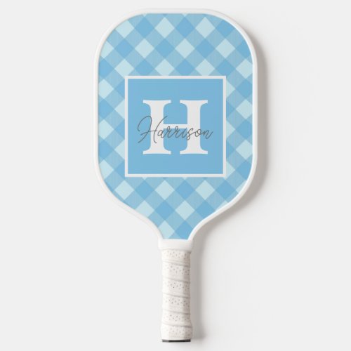 Blue Gingham Plaid Monogram and Name Personalized  Pickleball Paddle
