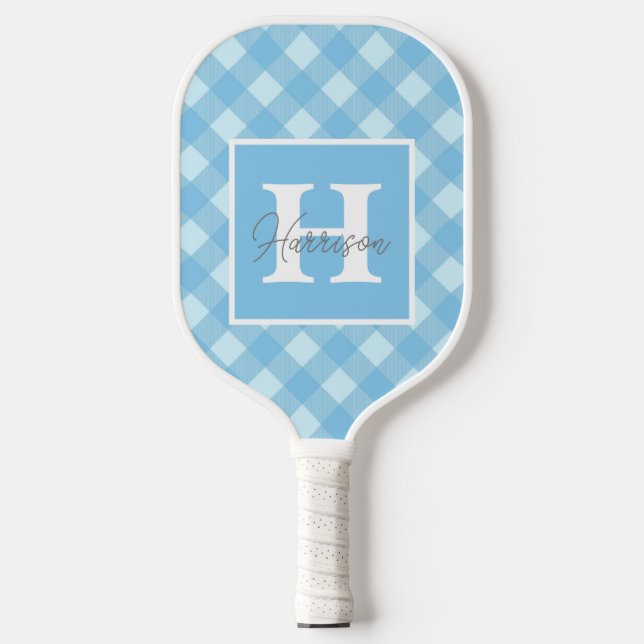 Blue Gingham Plaid Monogram and Name Personalized  Pickleball Paddle (Front)