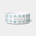 Blue Gingham Plaid Name Pet Bowl