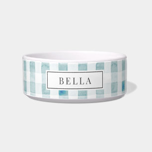 Blue Gingham Plaid Name Pet Bowl