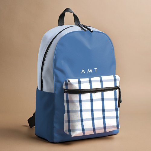 Blue Gingham Plaid Personalized Name Initials Printed Backpack