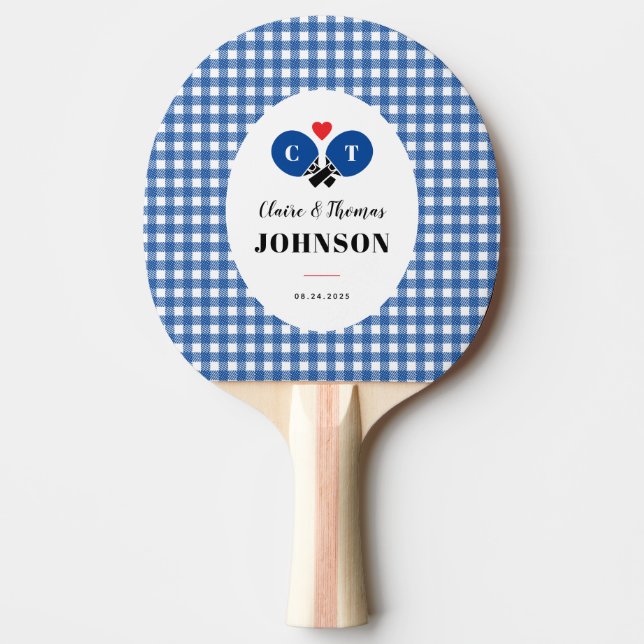 Blue Gingham Plaid Ping Pong Monogram Wedding Paddle (Front)
