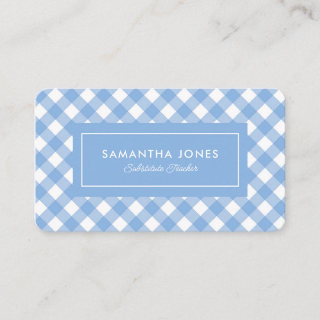 Blue Gingham Plaid Substitute Teacher Contact Info Business Card (Front)