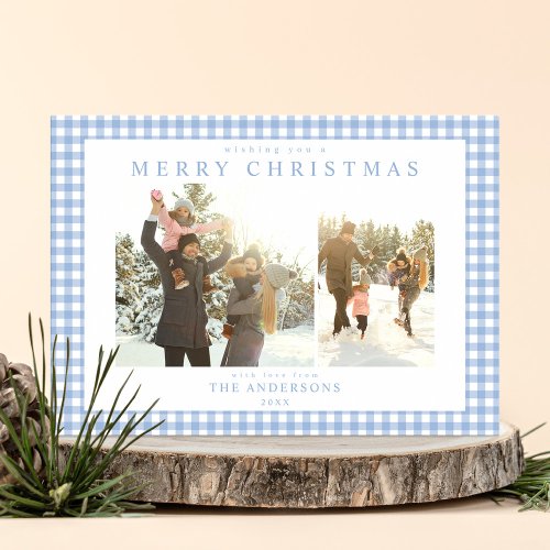 Blue Gingham Plaid Two Photo Holiday Card