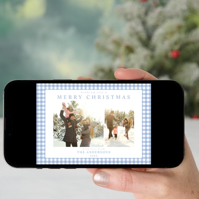 Blue Gingham Plaid Two Photo Holiday Card (Front Digital)