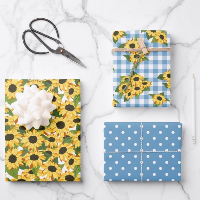 Blue Gingham Polka Dots Sunflower Floral Patterns Wrapping Paper Sheets (Front)