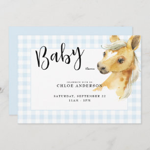 Blue Gingham Pony Baby Shower Invitation
