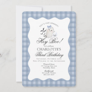 Blue Gingham Preppy Ghost Hey Boo Birthday Invitation