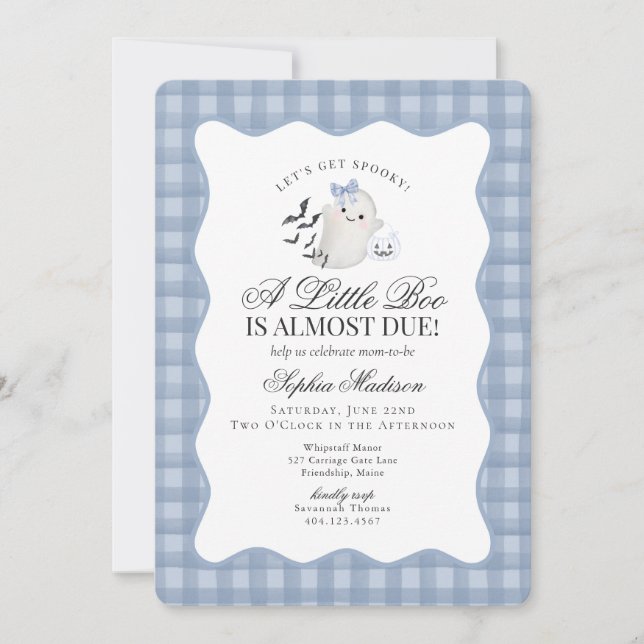 Blue Gingham Preppy Ghost Little Boo Baby Shower Invitation (Front)