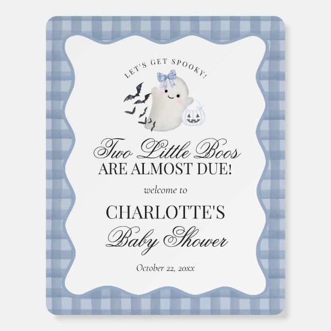 Blue Gingham Preppy Little Boos Twins Baby Shower Foam Board (Front)