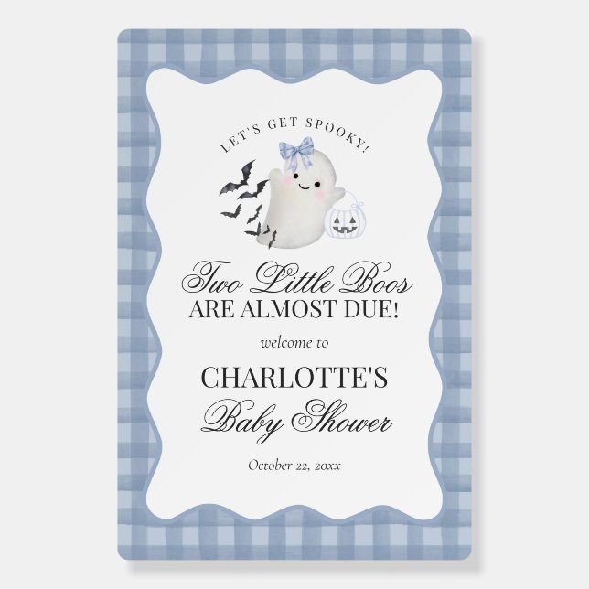 Blue Gingham Preppy Little Boos Twins Baby Shower Foam Board (Front)