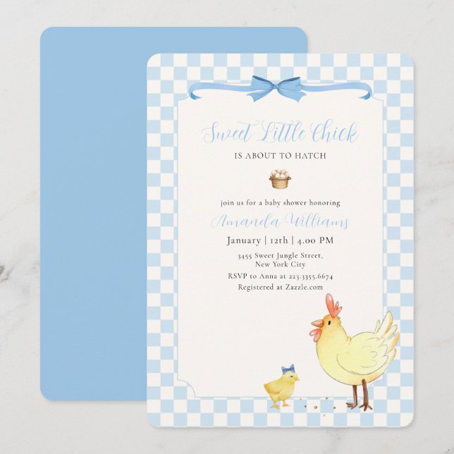 Blue Gingham Preppy Little Chick Baby Shower Invitation (Front/Back)