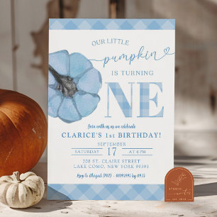 Blue Gingham Preppy Pumpkin Boy 1st Birthday Invitation