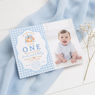 Blue Gingham Pumpkin First Birthday Invitation