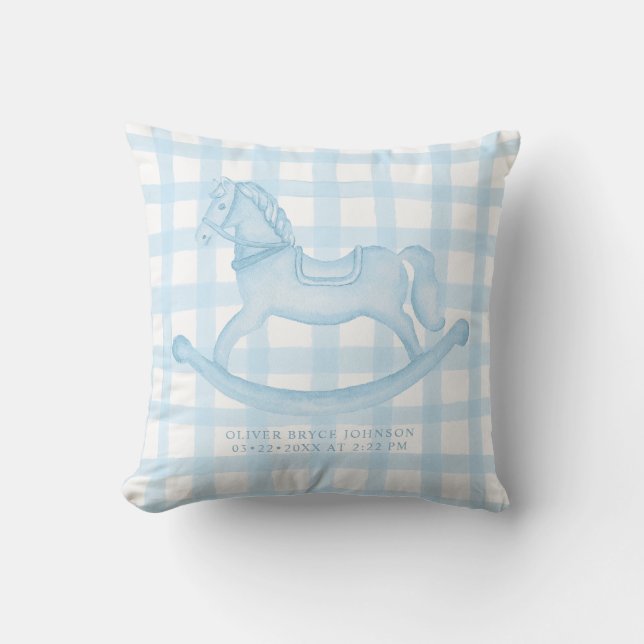 Blue Gingham Rocking Horse Baby Boy Birth Pillow (Front)