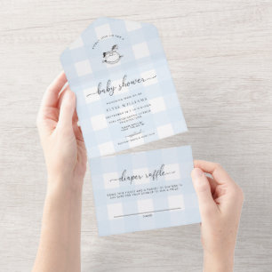 Blue Gingham Rocking Horse Baby Shower All In One Invitation