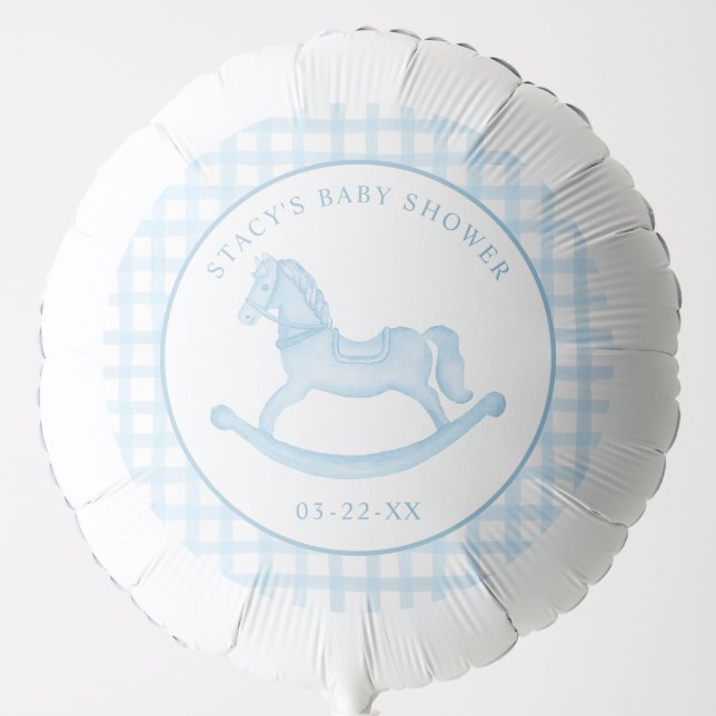 Blue Gingham Rocking Horse Baby Shower Balloon (Front)