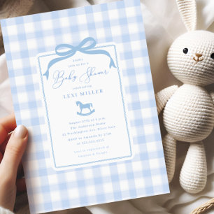 Blue Gingham Rocking Horse Baby Shower Invitation