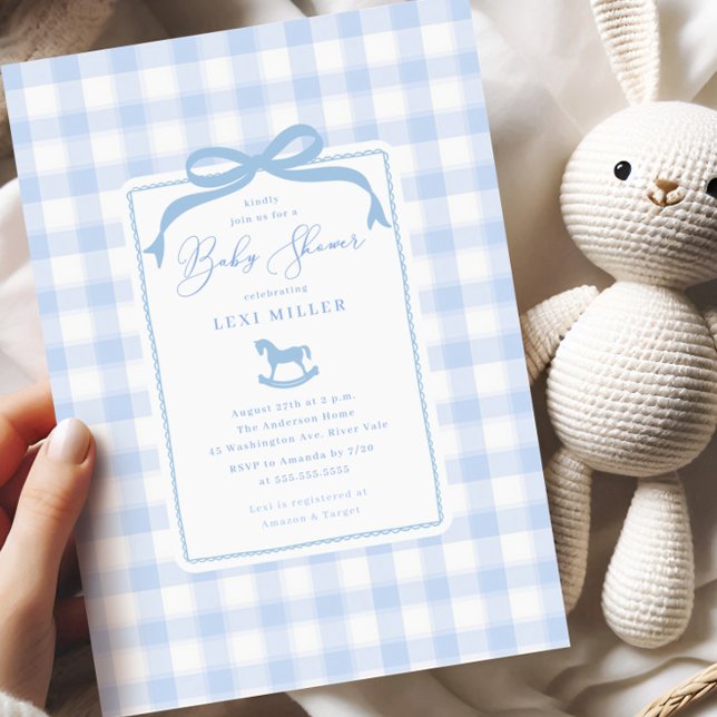 Blue Gingham Rocking Horse Baby Shower Invitation (Creator Uploaded)