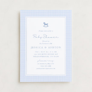 Blue Gingham, Rocking Horse, Baby Shower Invite